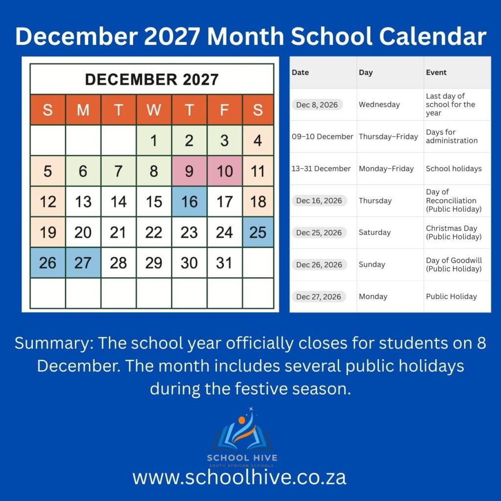 December 2027 Month School Calendar