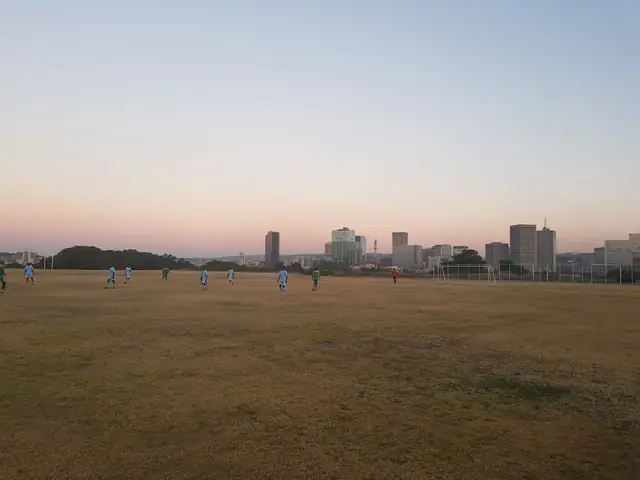 Hoërskool Langenhoven sports fields with the Pretoria city skyline at dusk