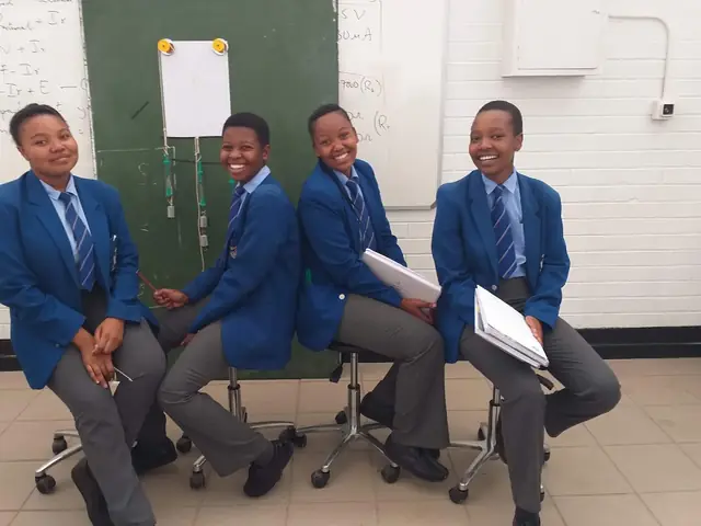 Hoërskool Sarel Cilliers learners in blazers in a science classroom