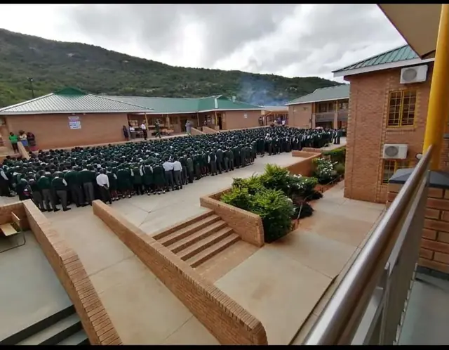 Marobathotha Secondary School learners at morning assembly in the courtyard
