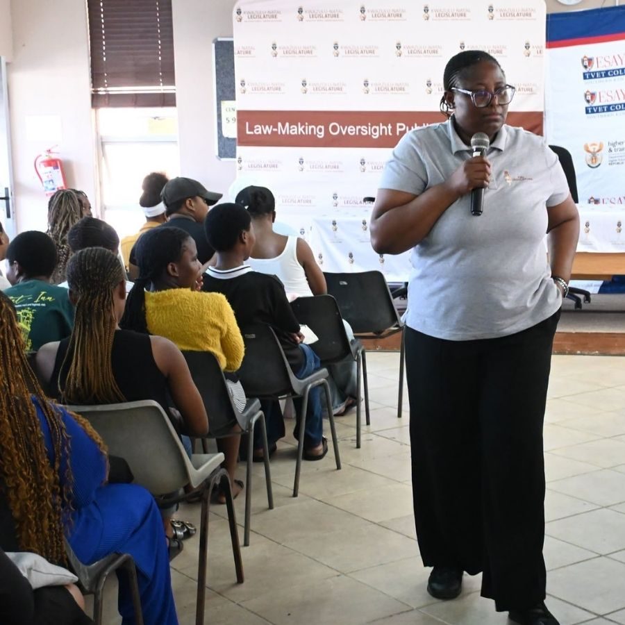 Esayidi TVET College Hosts Public Legislature Engagement Esayidi TVET College hosts a KwaZulu-Natal Legislature public participation session with a facilitator addressing attendees.