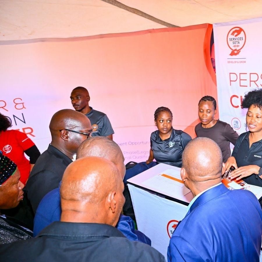 Sekhukhune TVET College Services SETA Info Session A group gathers around a Services SETA information booth at an outreach event linked to Sekhukhune TVET College.