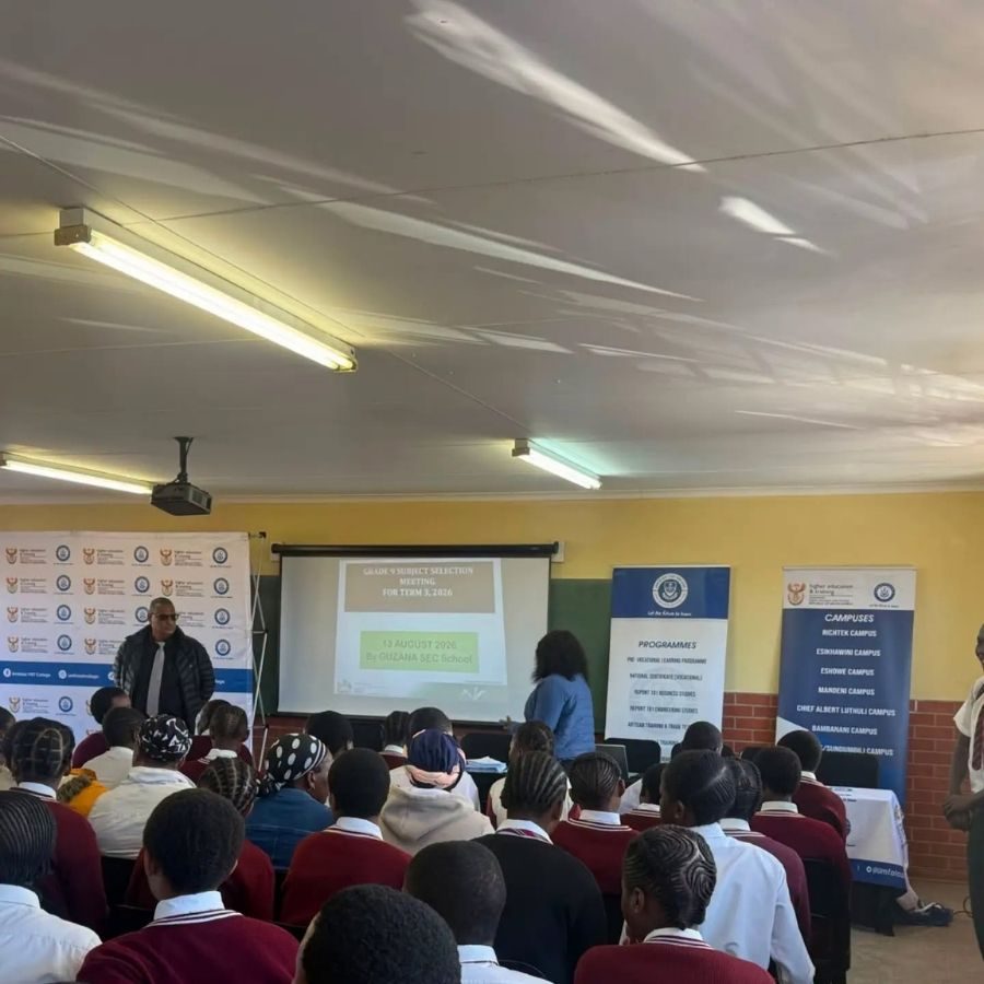 Umfolozi TVET College Career Guidance Talk at High School Umfolozi TVET College representative presents career and subject selection guidance to uniformed high school learners in a classroom