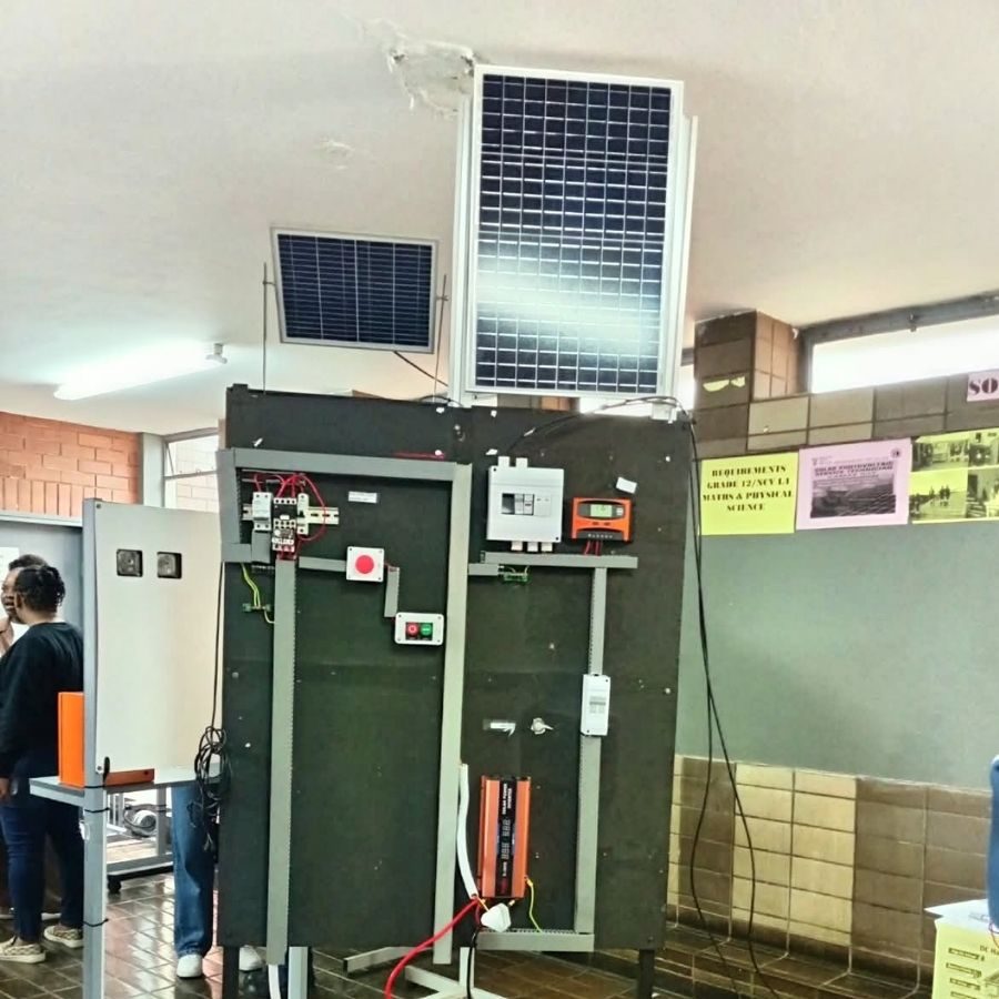 A solar panel and electrical control training rig used for renewable energy instruction at Umgungundlovu TVET College