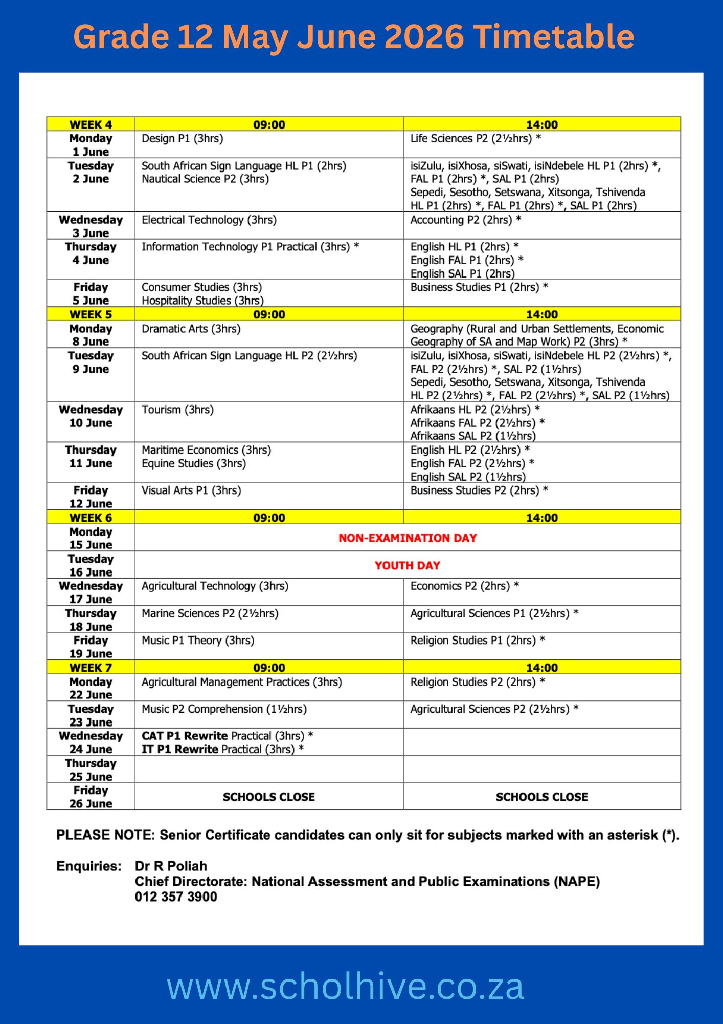 Grade 12 May June 2026 Timetable page 2