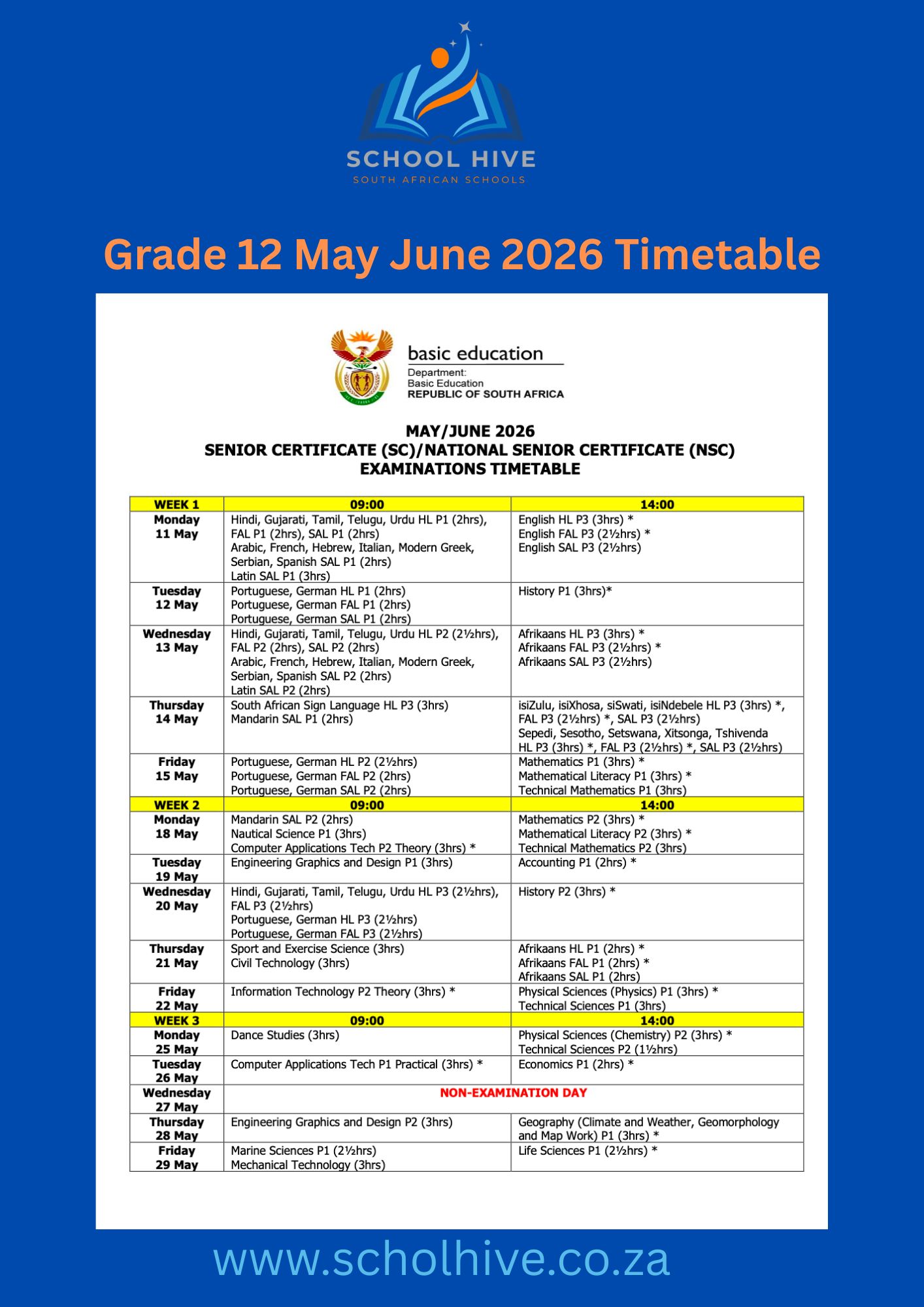 Grade 12 May June 2026 Timetable page 1