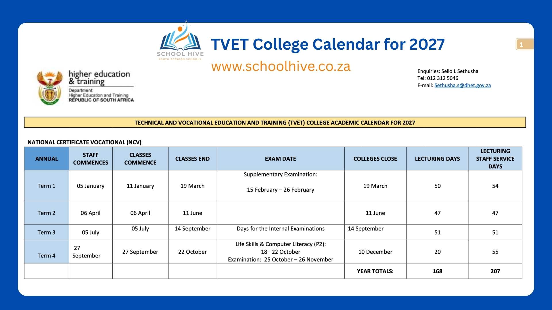 TVET College Calendar for 2027 page 1