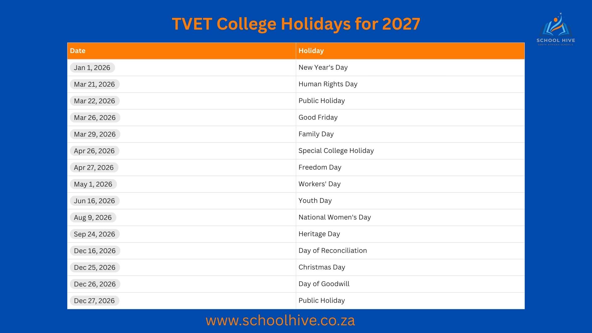 TVET College Holidays for 2027
